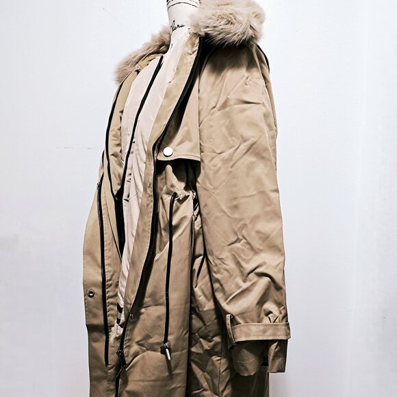 New Real Rex Rabbit Lapin Fur-Lined Parka Jacket Coat Khaki Sand Fox No Mink L - Picture 3 of 5